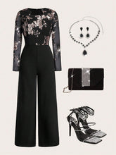 Women's Elegant Party Jumpsuit, Black & Gold Sequin Patchwork Long Sleeve Skinny Fit New Arrival, Suitable For Autumn/Winter
